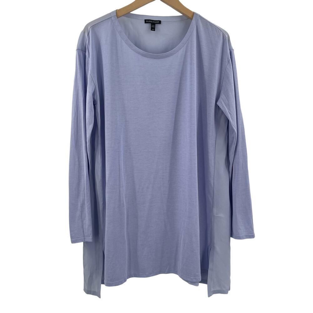 EILEEN FISHER Shirt Size Medium Long Sleeve Baby Blue Silk Cotton Classic Top